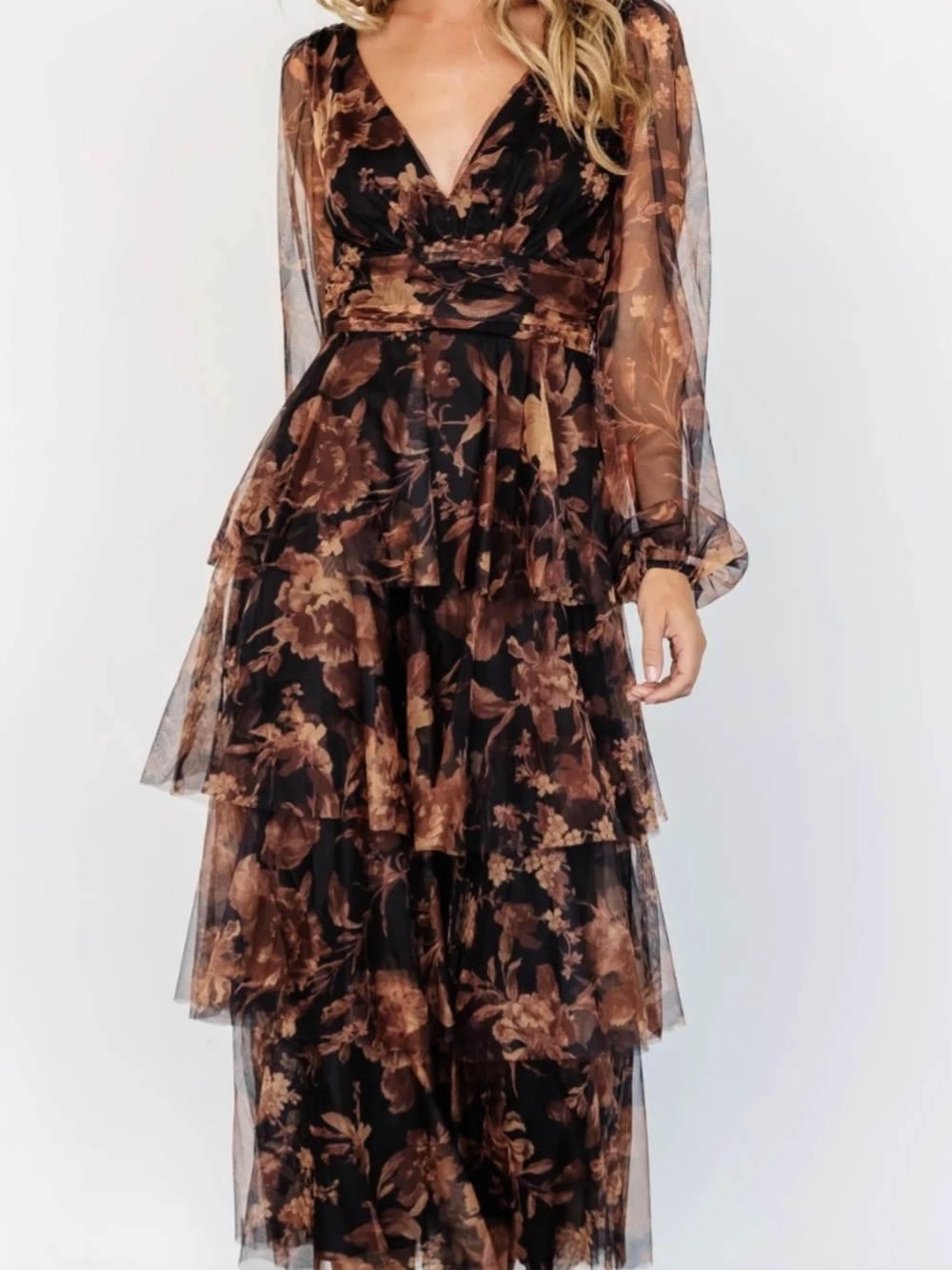 Baltic Born Black and Brown Floral Tiered Maxi Dress